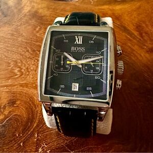 Hugo Boss Square Chronograph Black Dial Black Leather Men's Watch (Hardly Used)